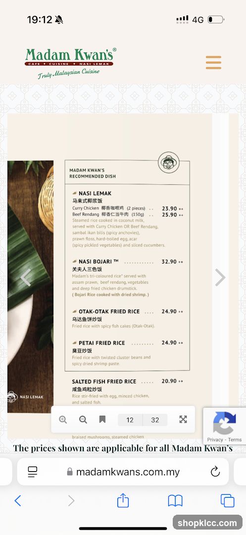 Madam Kwan's Recommended Dish Menu