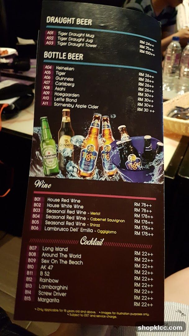 Draught Beer, Bottle Beer, Wine and Cocktail Menu