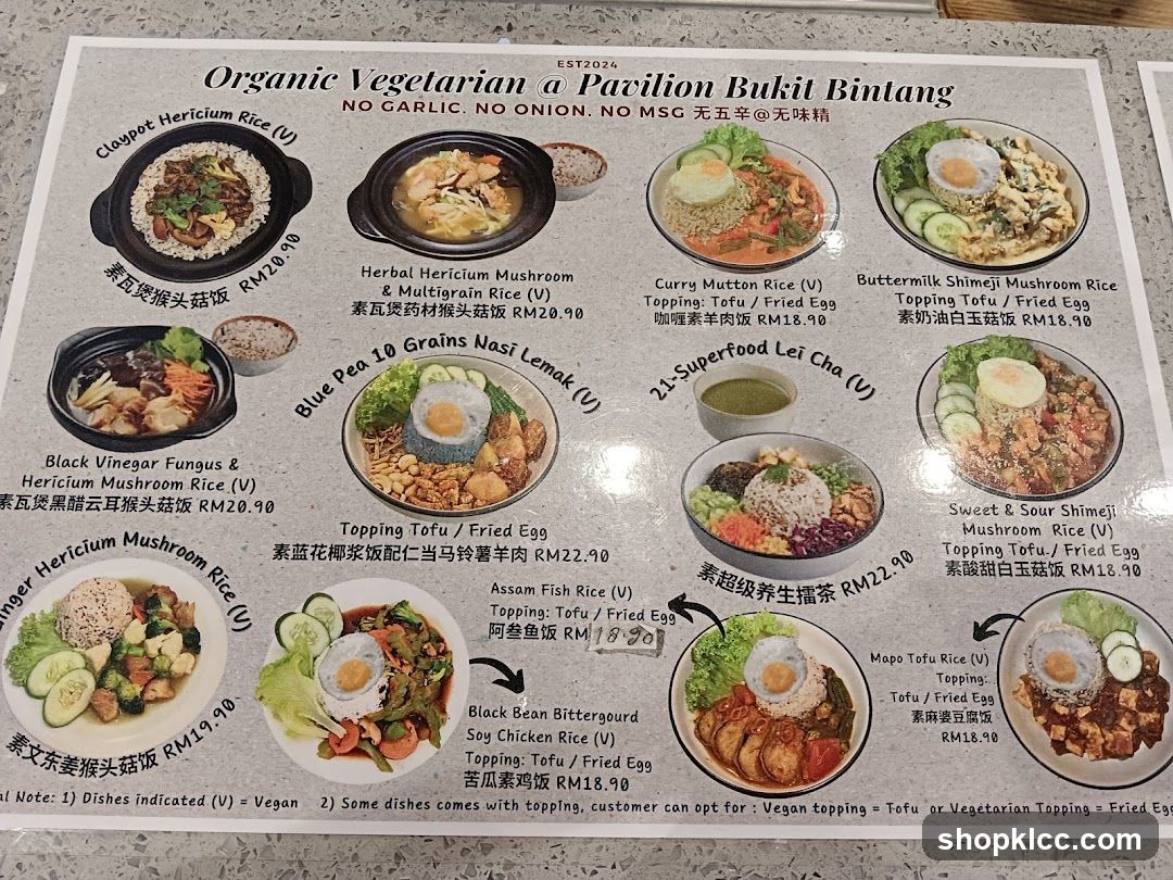 Organic Vegetarian a Pavilion Bukit Bintang Menu