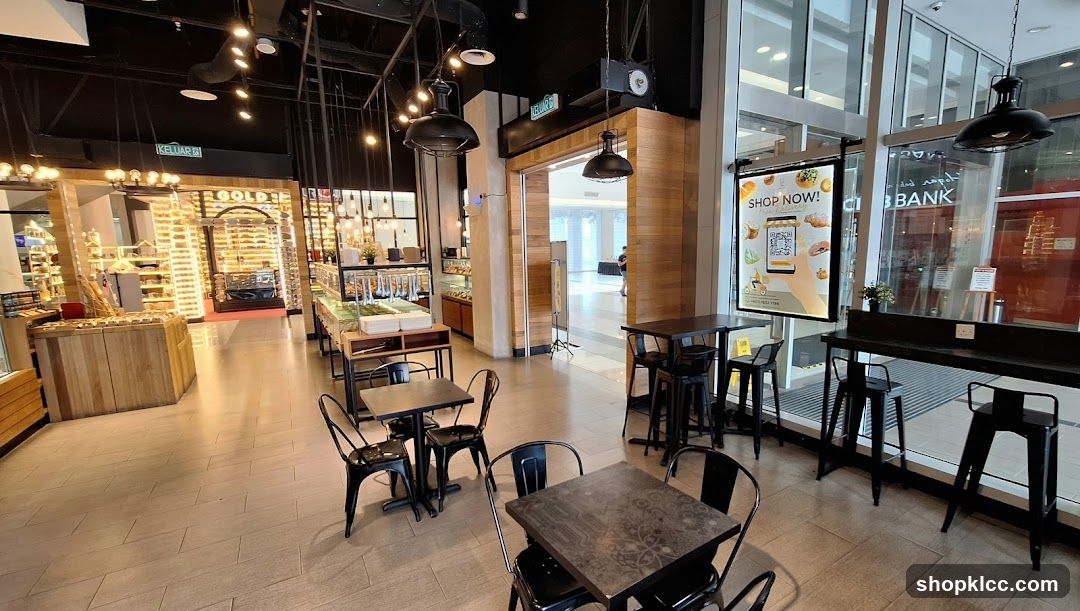 Interior of a cafe with seating and displays