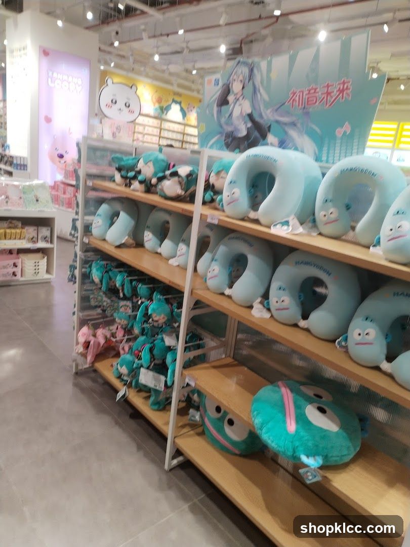 Plush toys and neck pillows on display