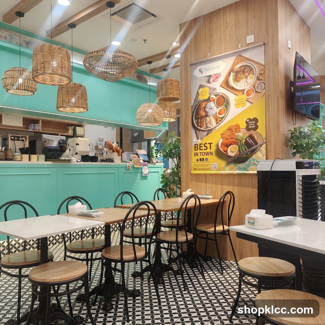 Restaurant Interior with Woven Pendant Lights and Menu Poster