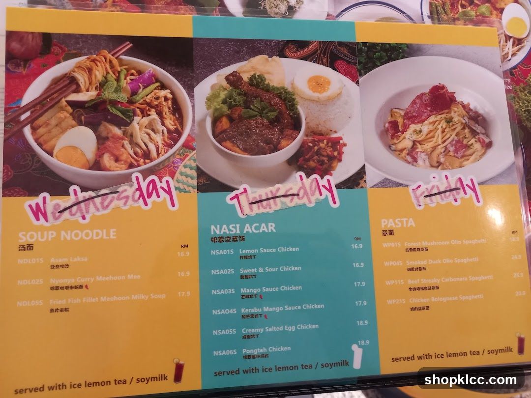 Dining Menu with Soup Noodle, Nasi Acar, and Pasta Sections