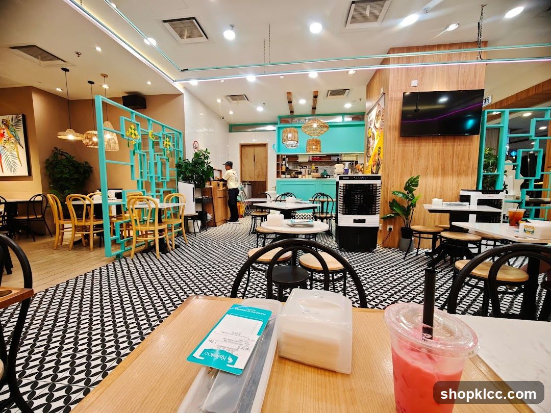 Restaurant Interior with Teal Decor and Patterned Floor