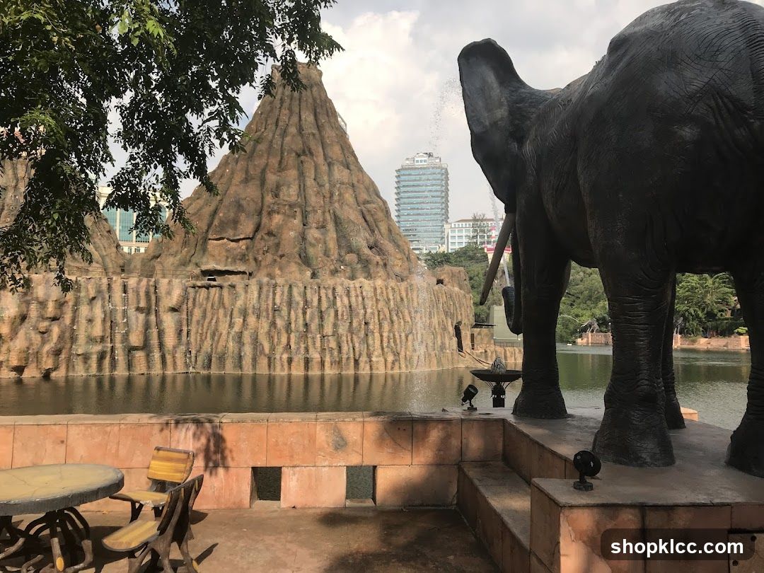 Elephant statue and artificial volcano