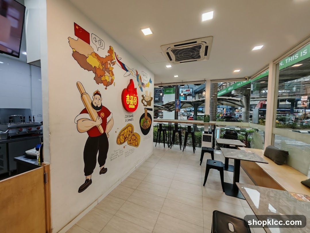 Interior of a food shop with mural wall art