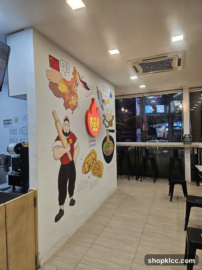 Interior of a food shop with wall mural
