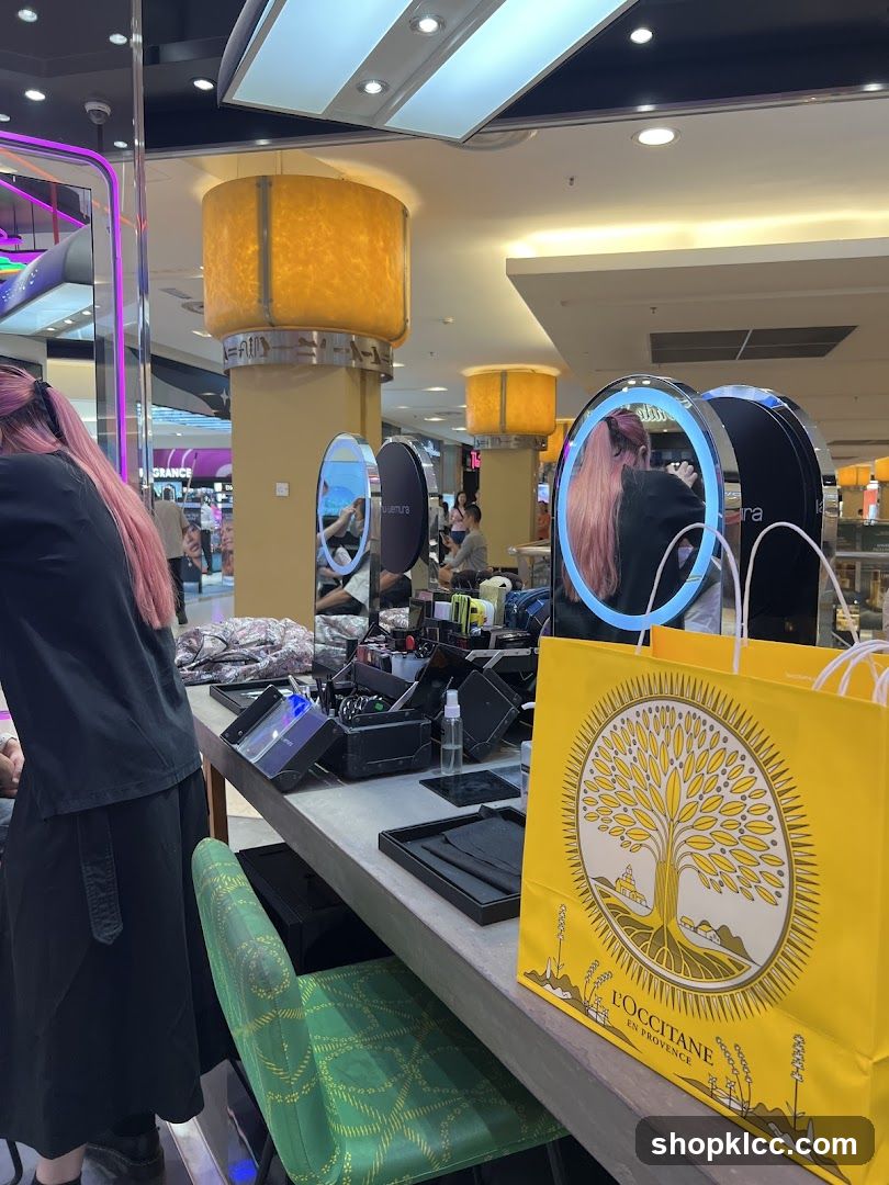 Cosmetics counter with makeup and shopping bag