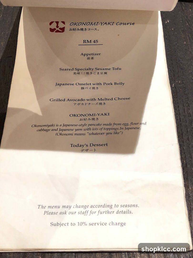 Okonomi-Yaki Course Menu
