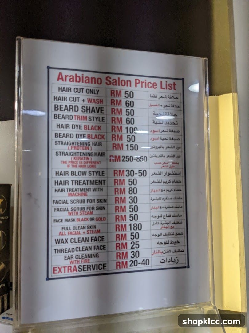 Arabiano Salon Price List