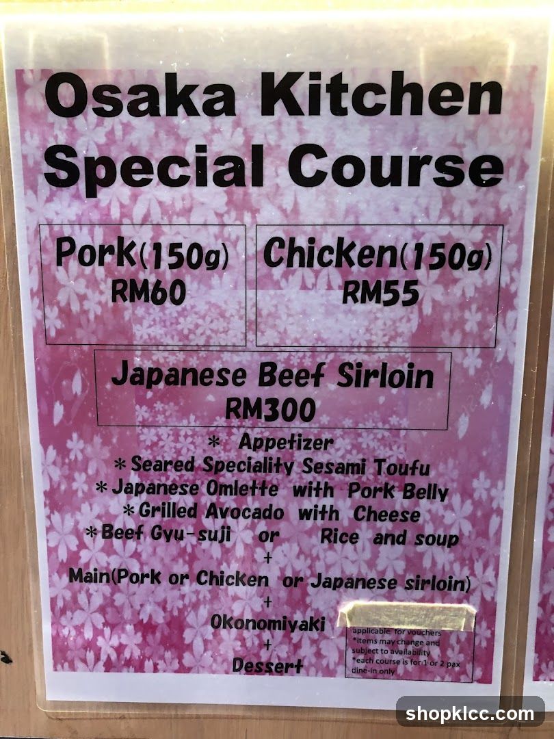 Osaka Kitchen Special Course Menu