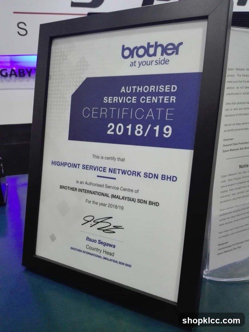 Brother Authorized Service Center Certificate