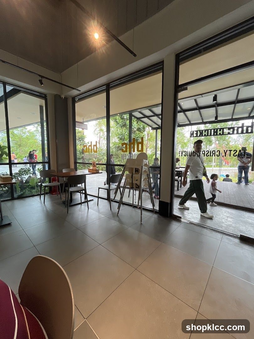 Interior of a restaurant with large windows