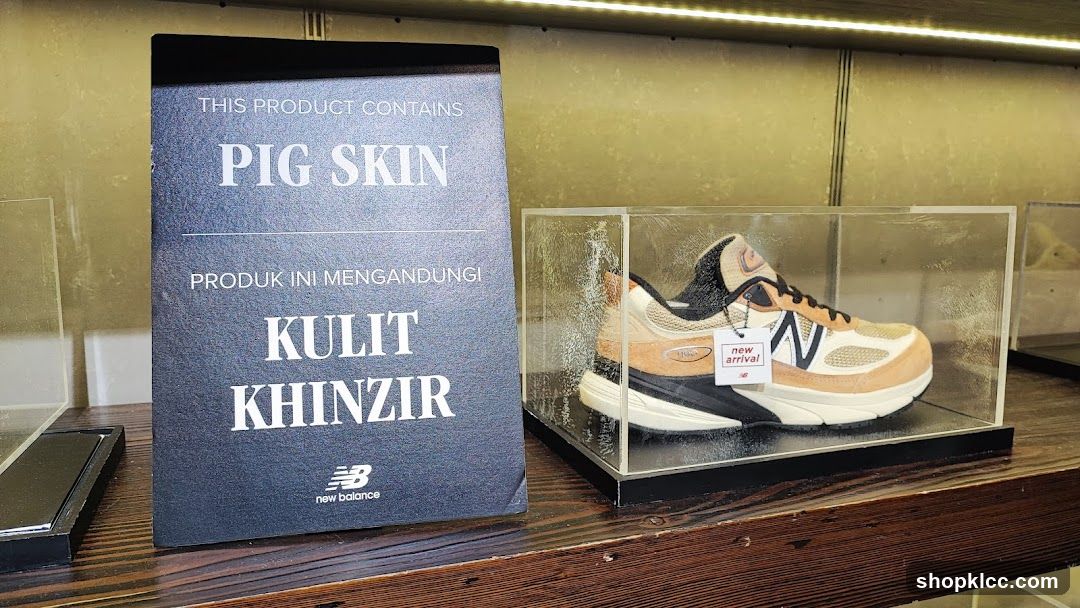 New Balance Shoe Display with Pig Skin Label