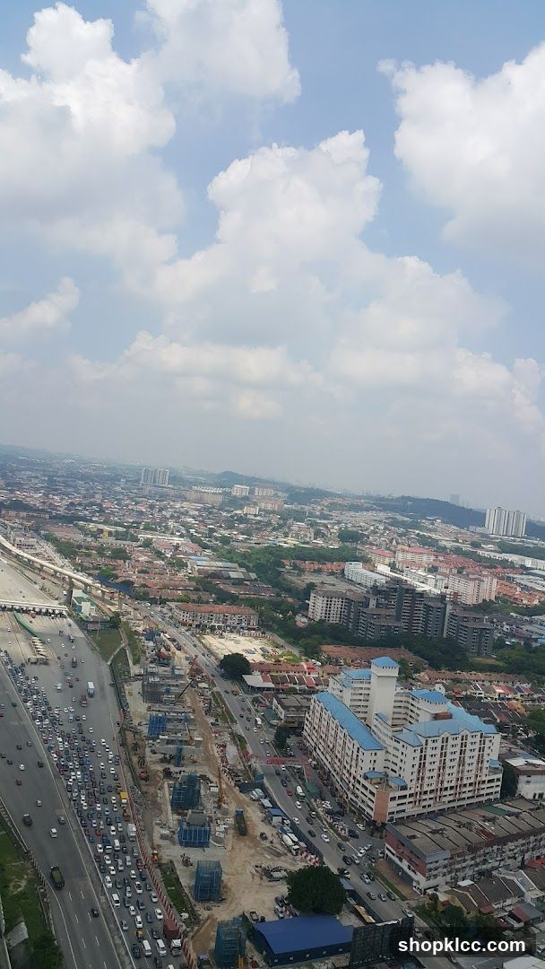 Aerial cityscape with highway and construction