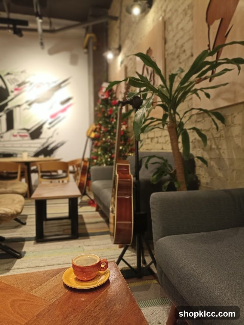 Cozy cafe interior with coffee and guitars