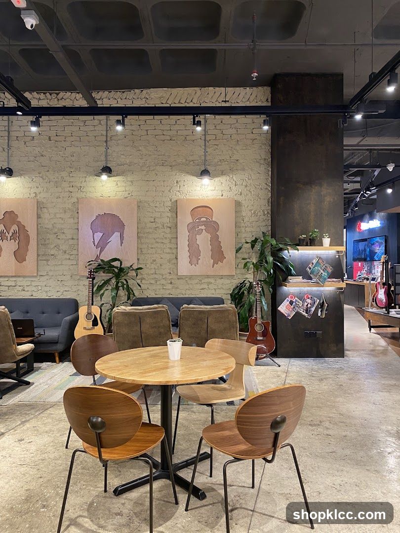 Cafe Interior with Guitars and Artwork