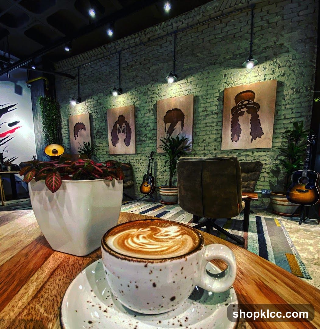 Coffee Shop Interior with Artwork and Guitars