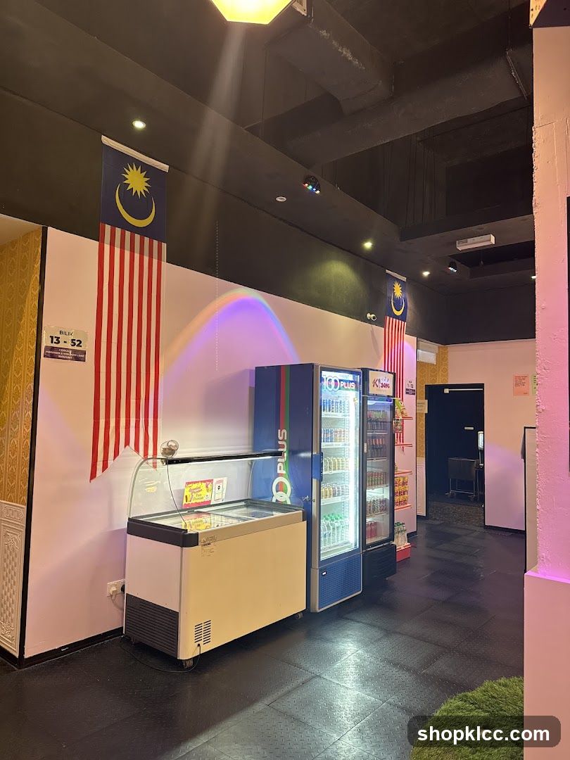 Interior of a store with refrigerators and Malaysian flags