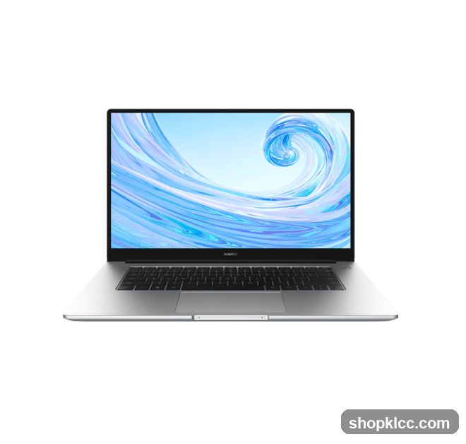 Silver laptop with a blue abstract wallpaper