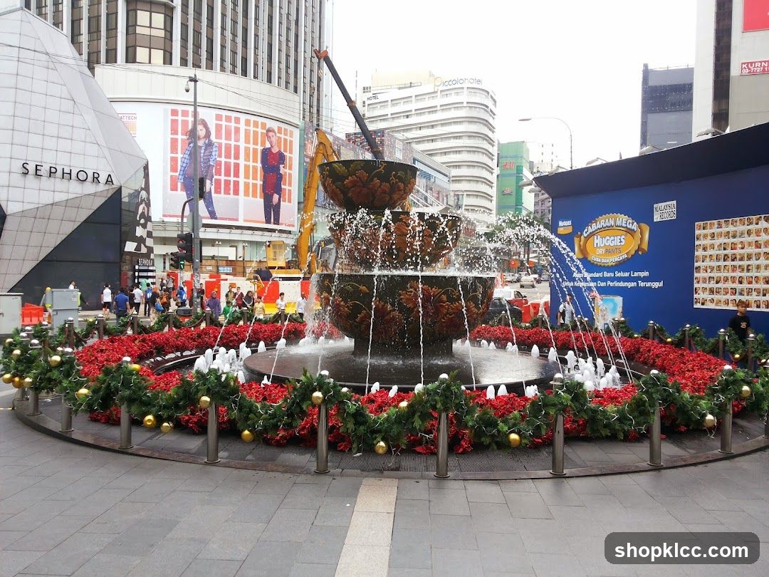 Urban Fountain Display with Seasonal Decorations