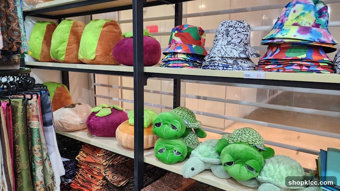 Plush toys and hats on shelves