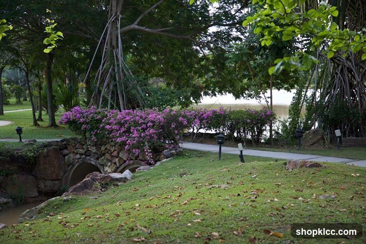Park Pathway with Stone Bridge and Flowers