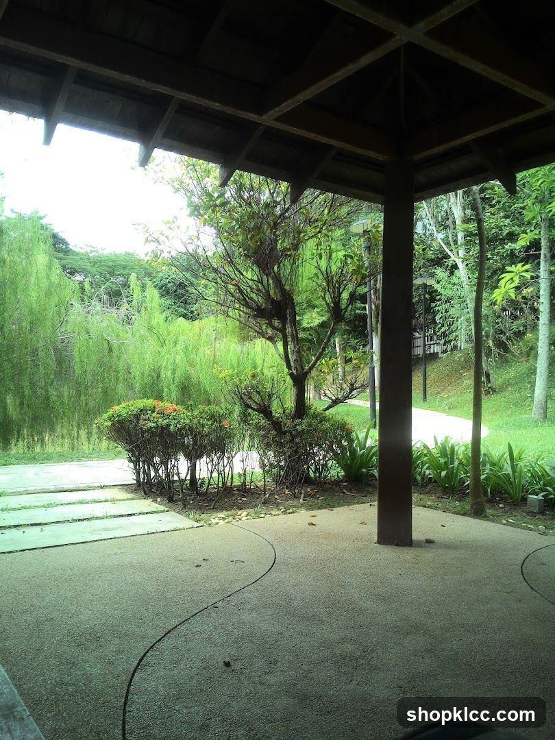 Covered walkway overlooking a garden