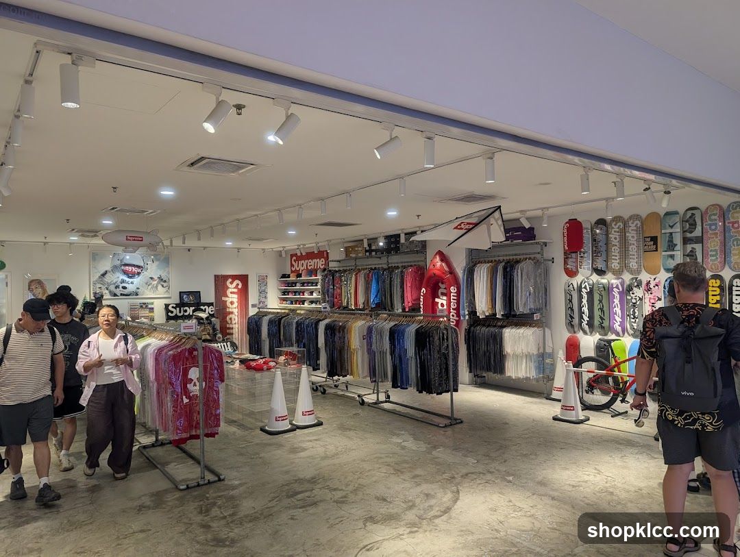 Clothing store interior with skateboards and apparel