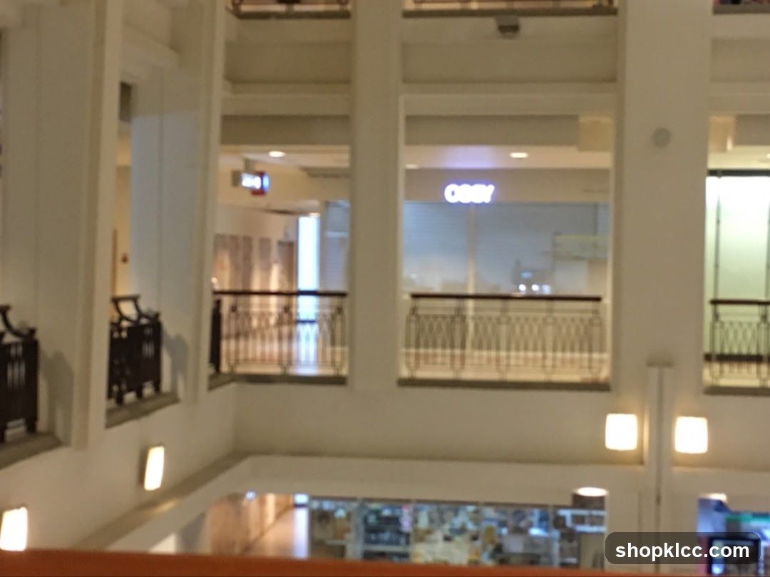Interior view of a multi-level building with shops