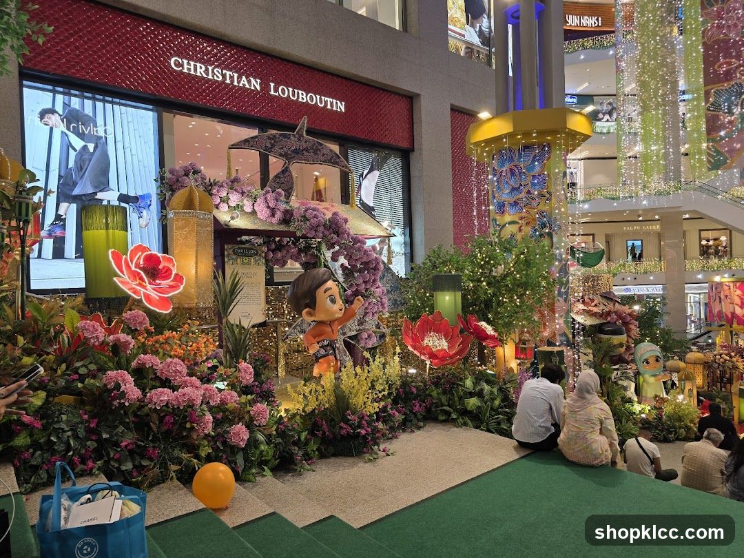 Mall Interior with Floral Decorations and Storefront