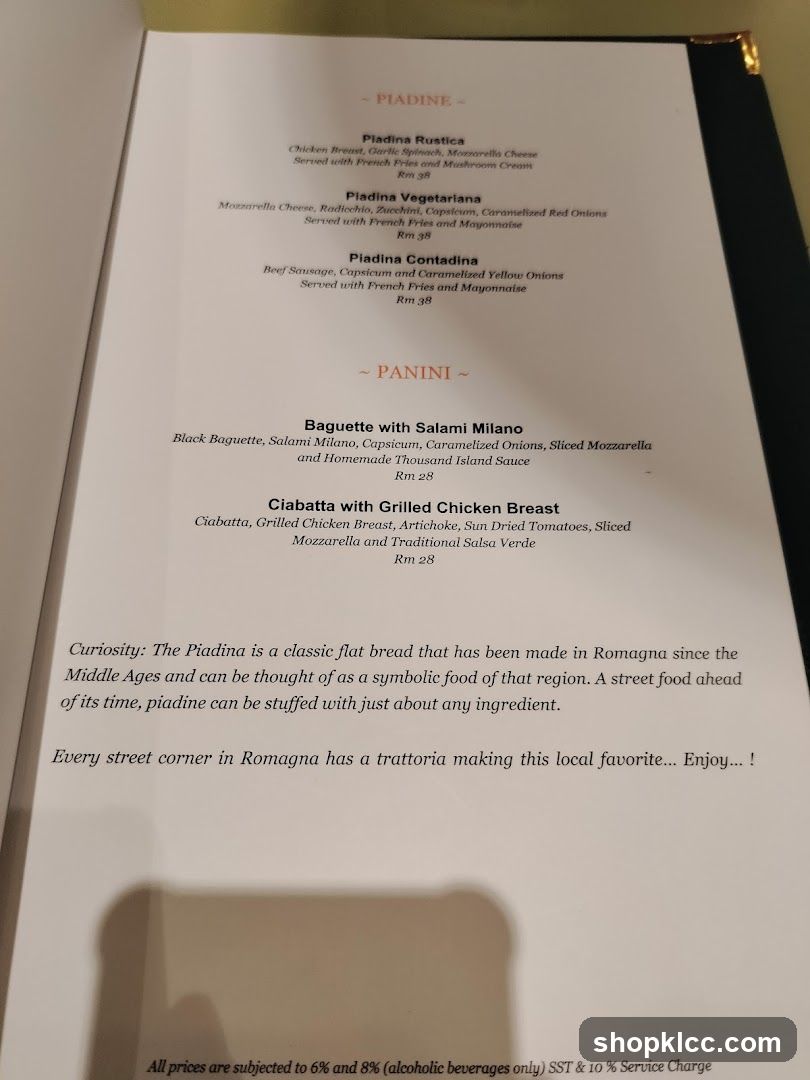 Piadine and Panini Menu