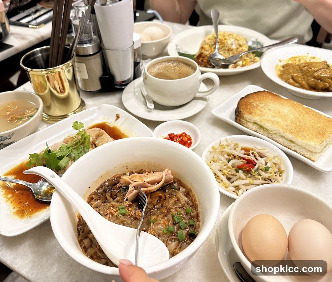 Table with various dishes and coffee