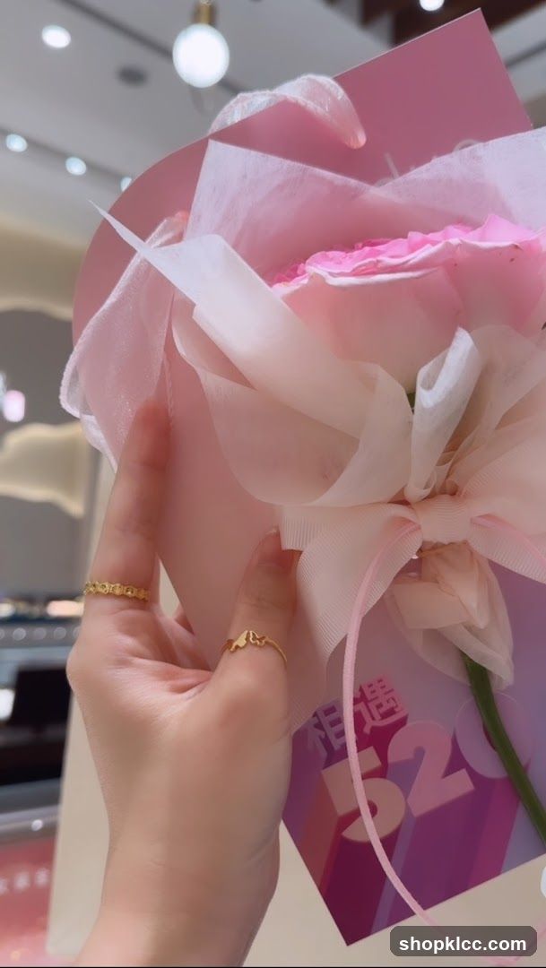 Hand holding a bouquet with a pink rose