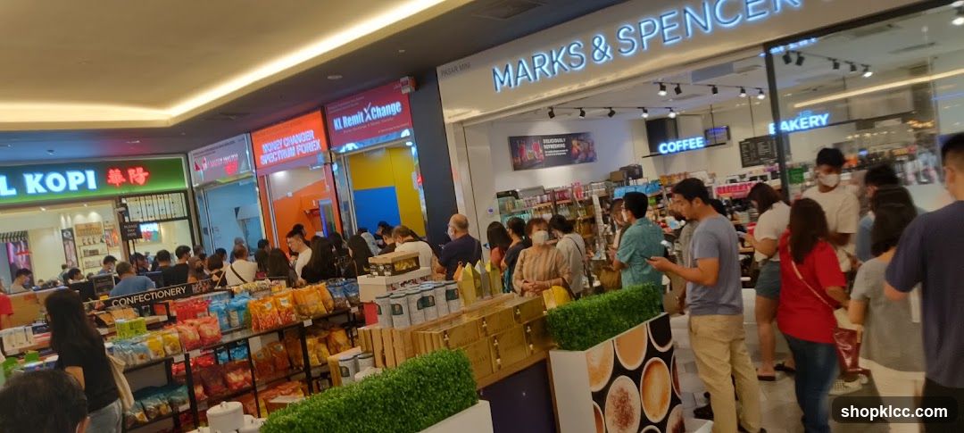Shopping mall interior with various shops