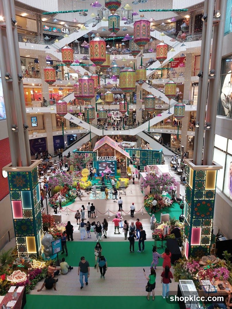 Mall Interior with Hanging Lanterns and Pavilion Display