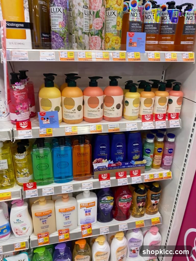Shelf of body washes and lotions