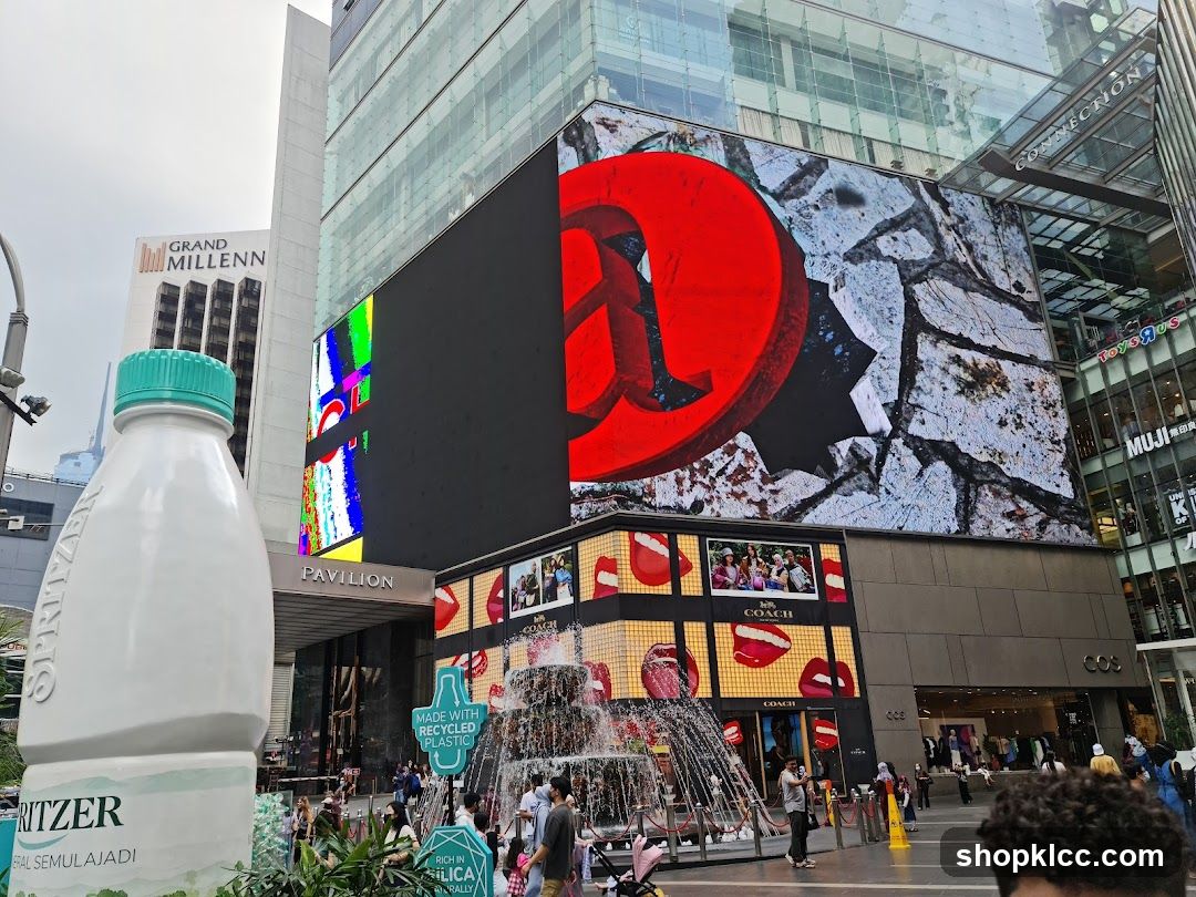 Urban Street Scene with Large Bottle Prop and Digital Billboards