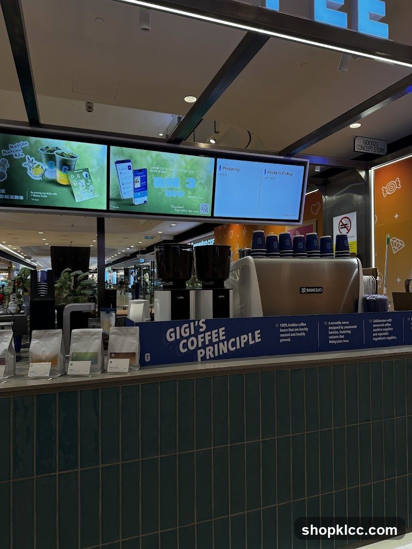 Coffee counter with digital displays and coffee beans