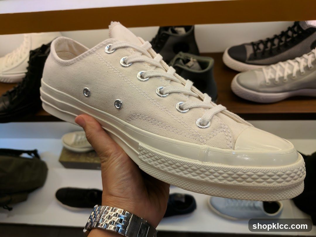 Close-up of a white canvas sneaker