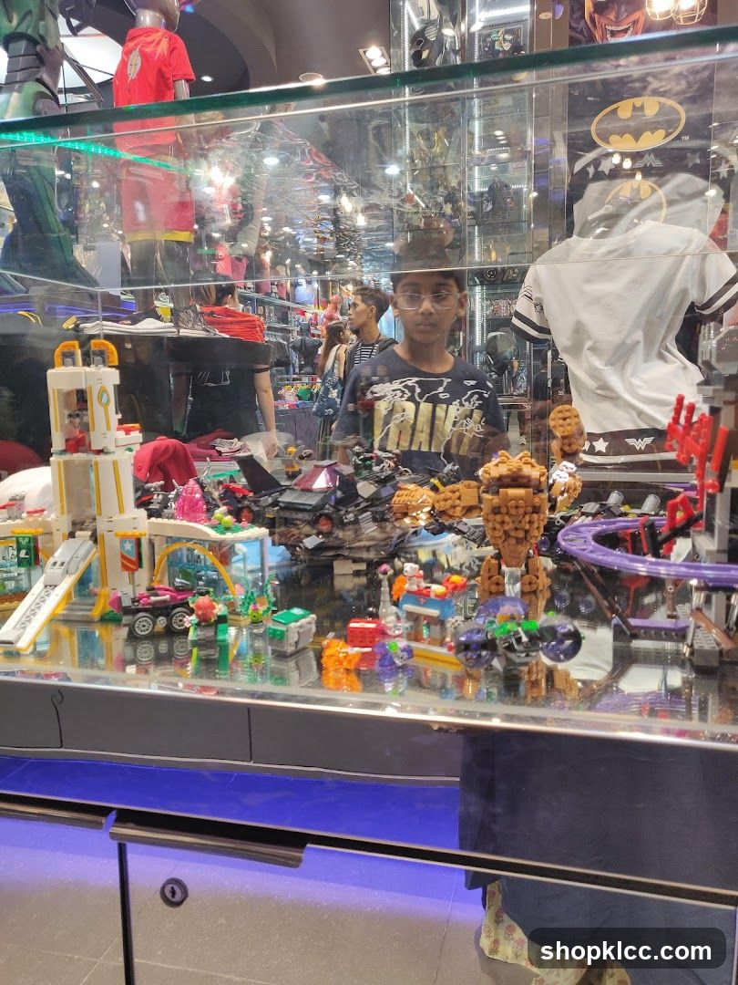 Display case with toys and merchandise