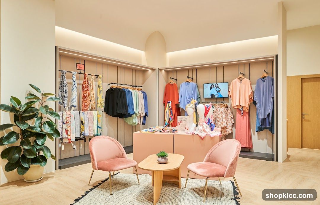 Clothing store interior with display racks and seating