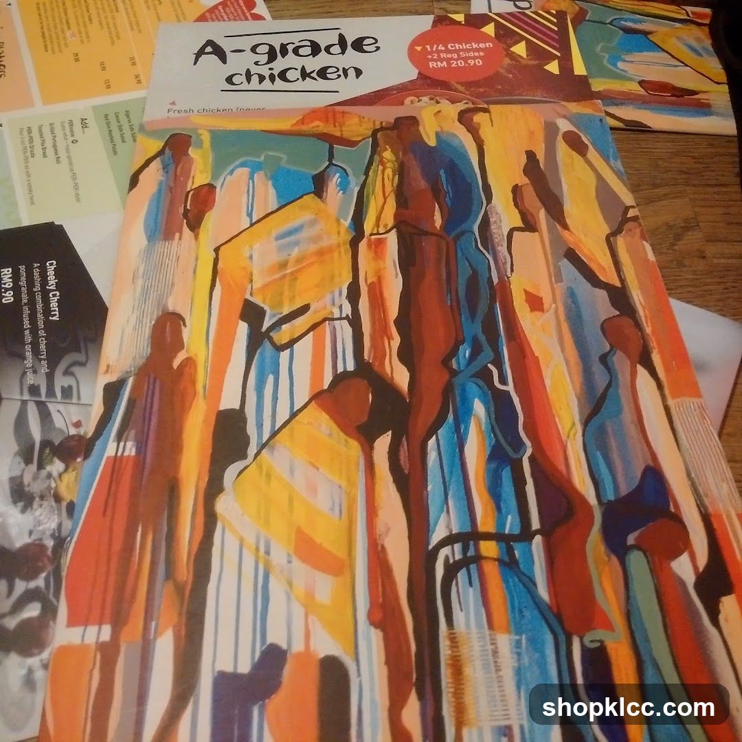 A-grade chicken menu with abstract art