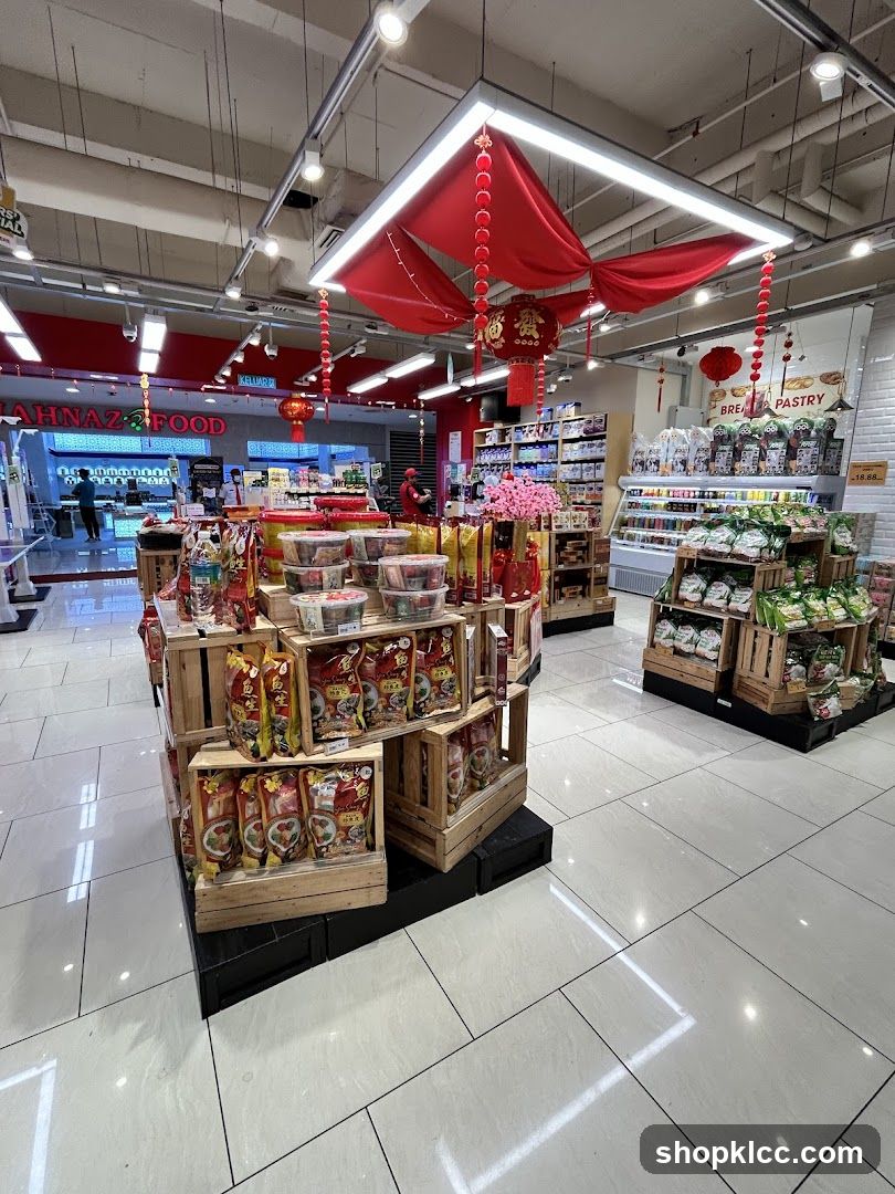 Supermarket aisle with festive decorations