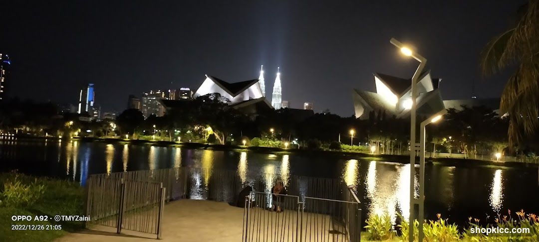 Night view of a city skyline with a lake