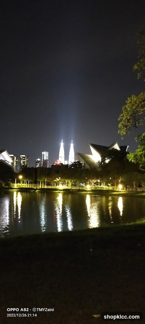 Night view of a city skyline with a lake in the foreground