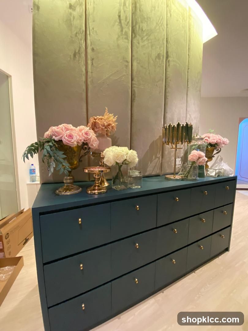 Decorative dresser with floral arrangements