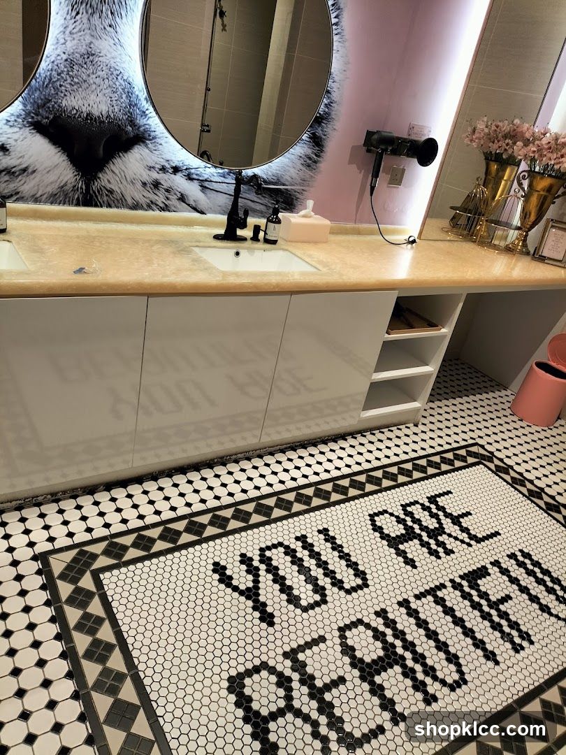 Bathroom Vanity with Cat Mural and Inspirational Floor Tile