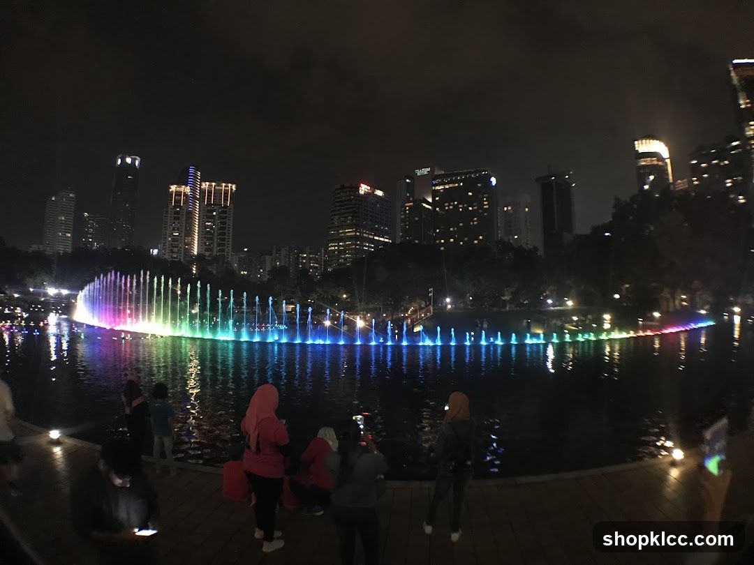 Nighttime Fountain Show with City Skyline