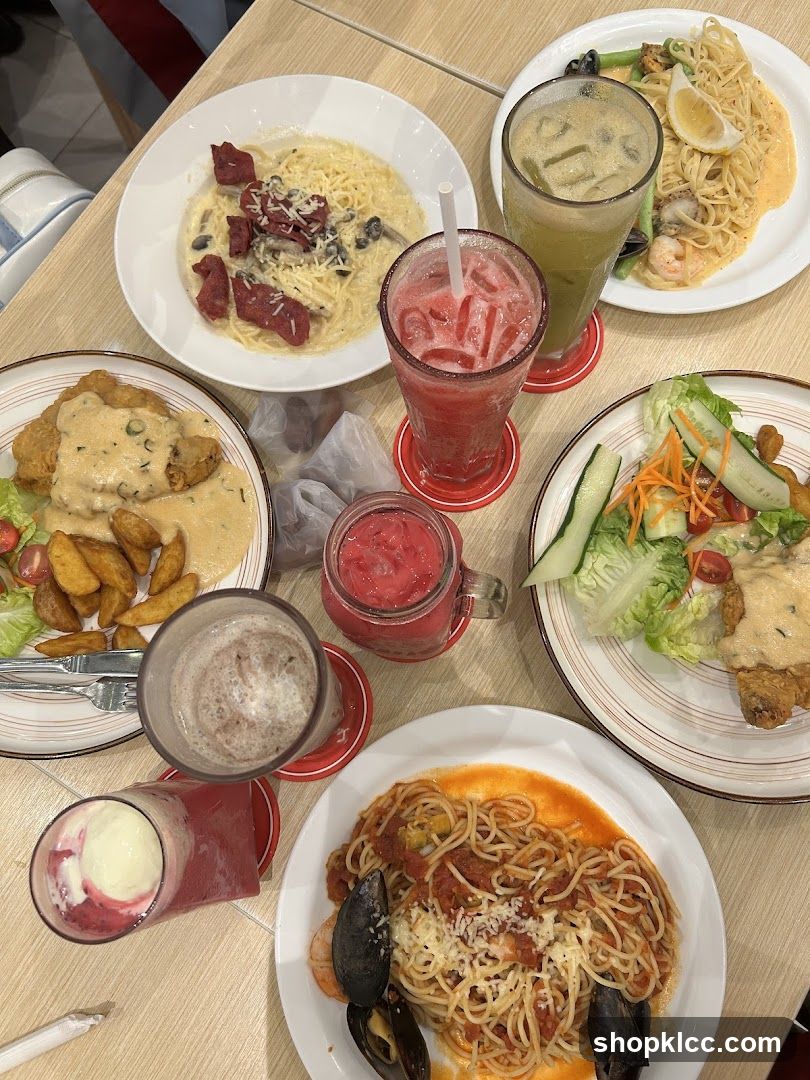 Table with various dishes and drinks